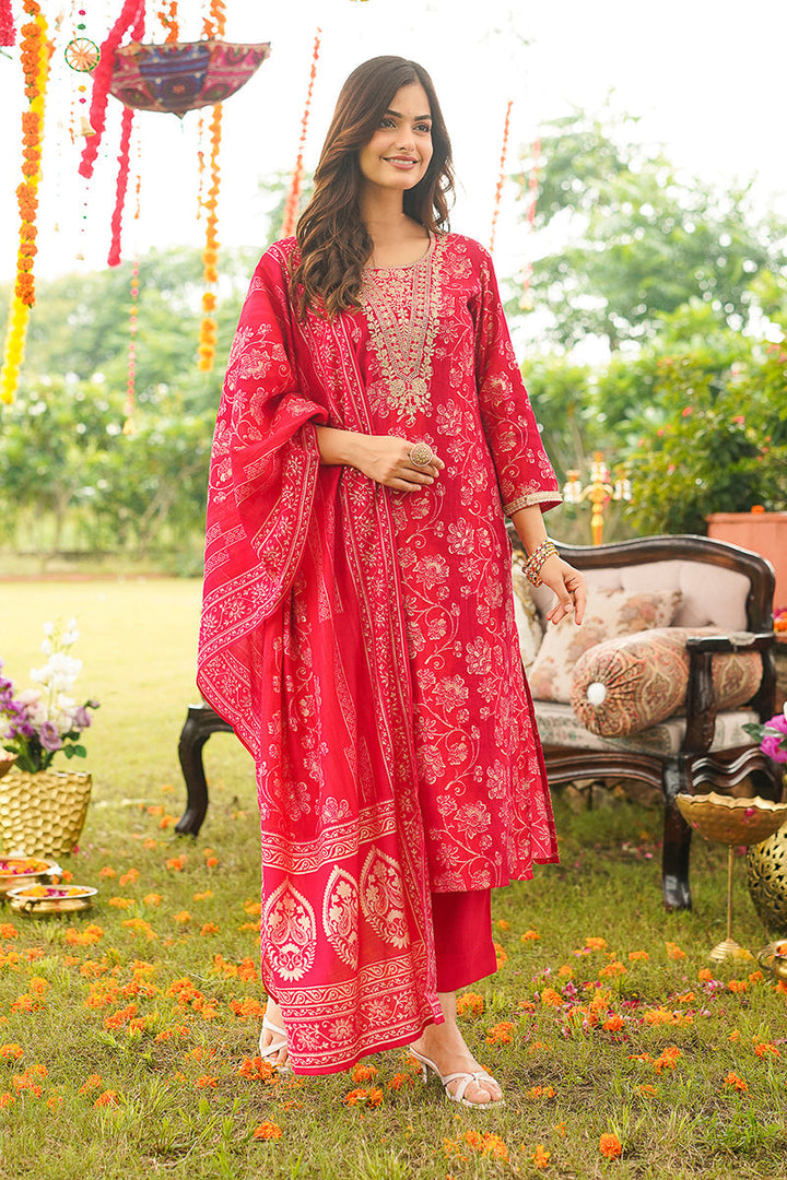 Red Viscose Rayon Floral Embroidered Straight Kurta Trousers With Dupatta | SHOBITAM