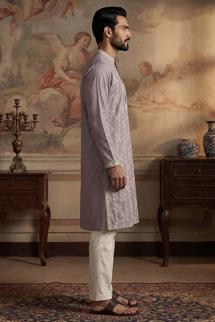 Silk Blend Lavender Solid Embroidered Calf Length Straight Kurta | SHOBITAM