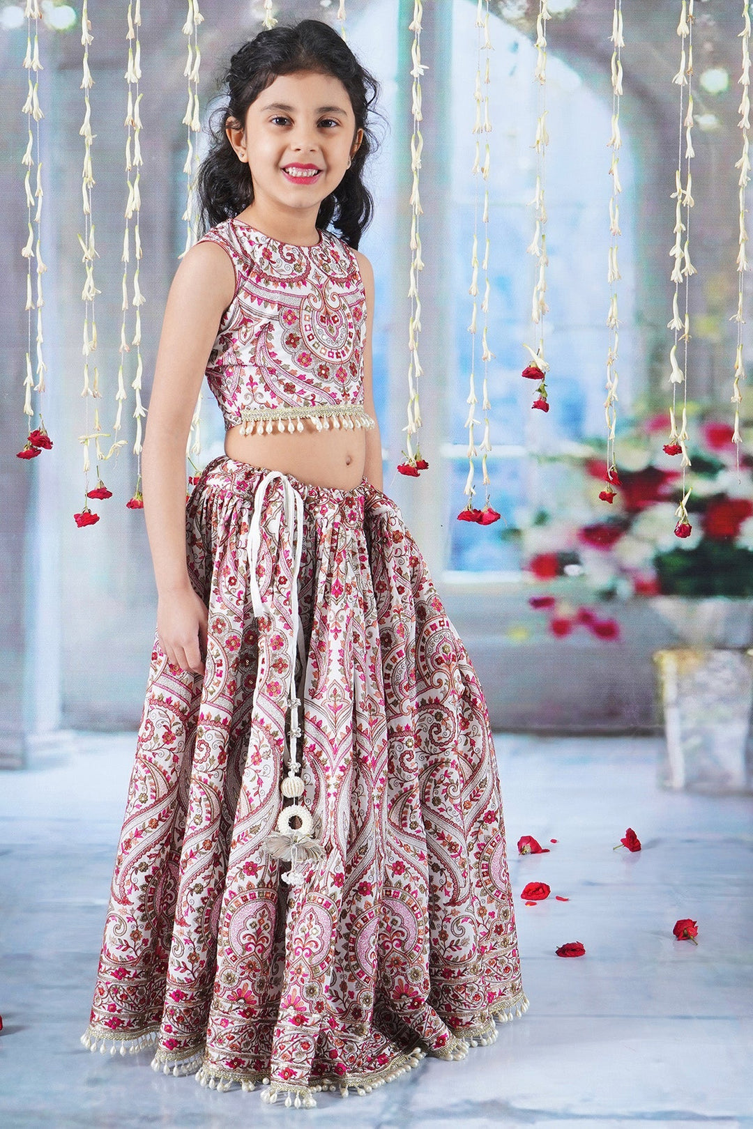 Girls Multi color Mughal Pattern Floral Thread work Cream Lehenga with Blouse and Dupatta with Pearl Detailing and Hand made Tassel | SHOBITAM