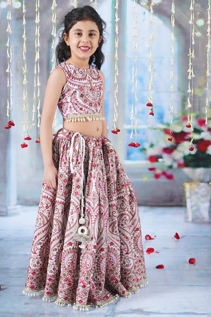 Girls Multi color Mughal Pattern Floral Thread work Cream Lehenga with Blouse and Dupatta with Pearl Detailing and Hand made Tassel | SHOBITAM