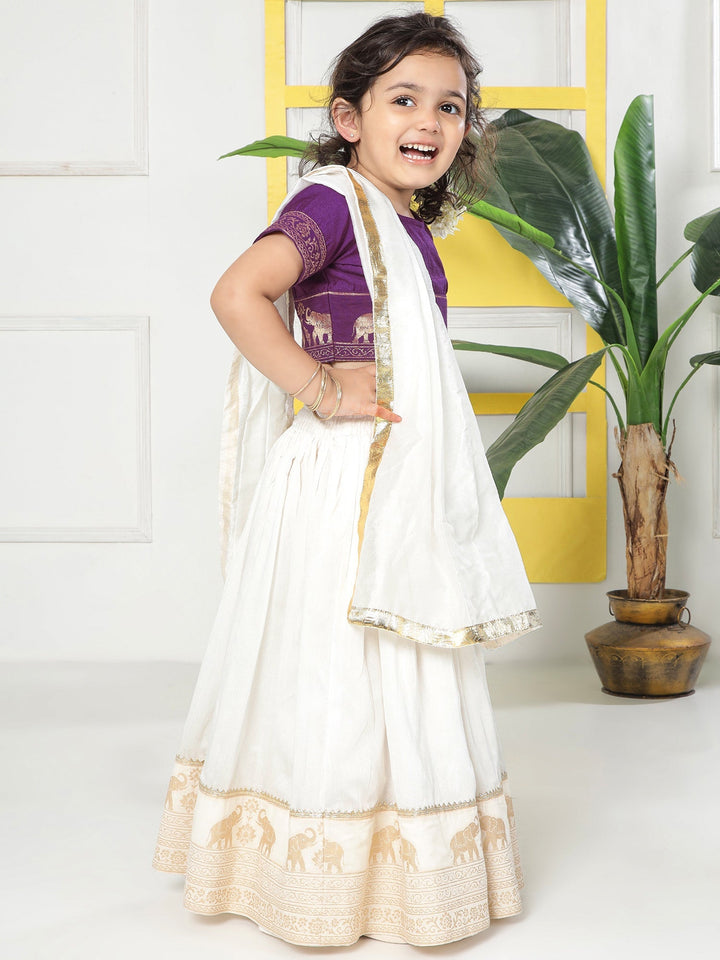 Cream Elephant Zari Embroidery Chanderi Cotton Lehenga with Stitched Purple blouse Set | SHOBITAM