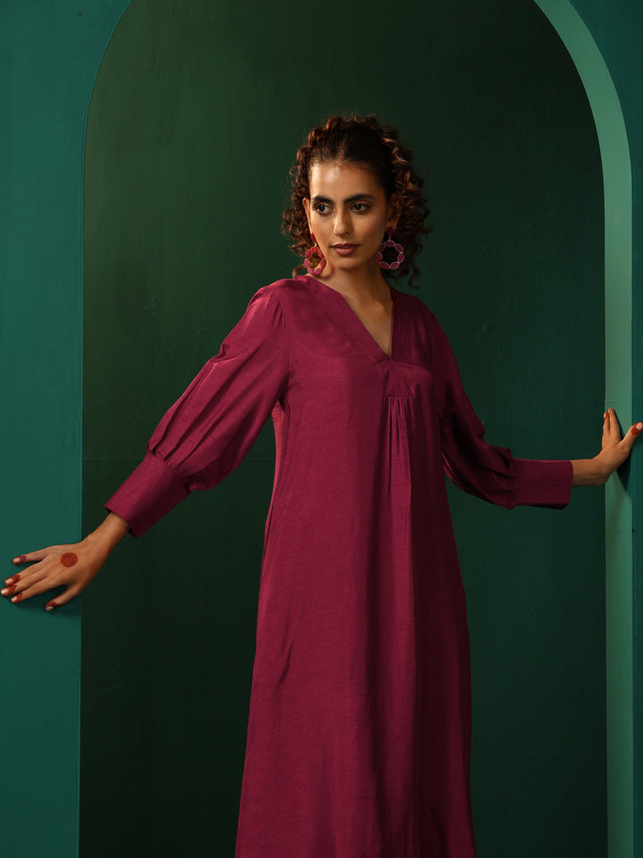 Maroon Silk Puff Sleeve Kurta Pant Set | SHOBITAM