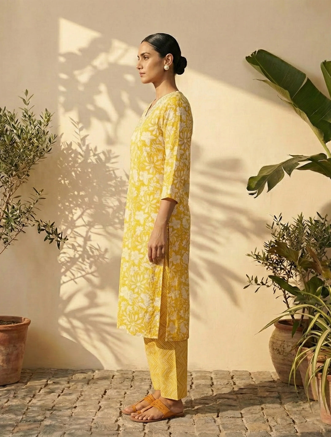 Yellow Floral Print Kurta Pant Dupatta Set | SHOBITAM