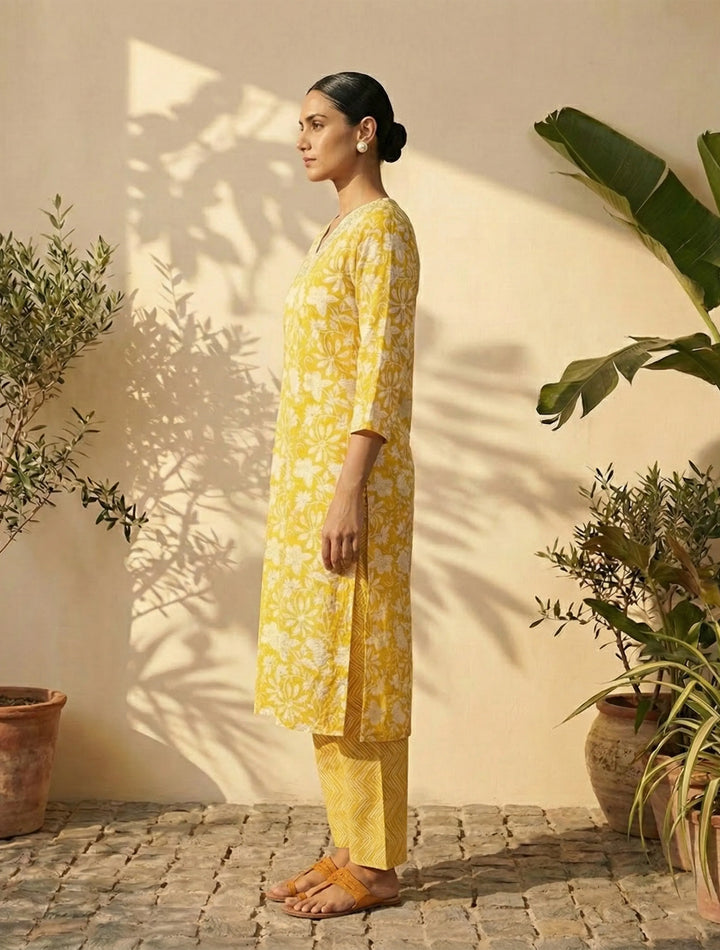 Yellow Floral Print Kurta Pant Dupatta Set | SHOBITAM