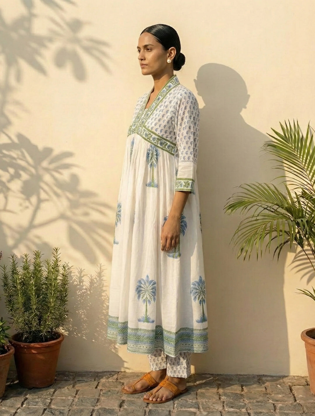 White Blue Printed Anarkali Kurta Pant Dupatta Set | SHOBITAM