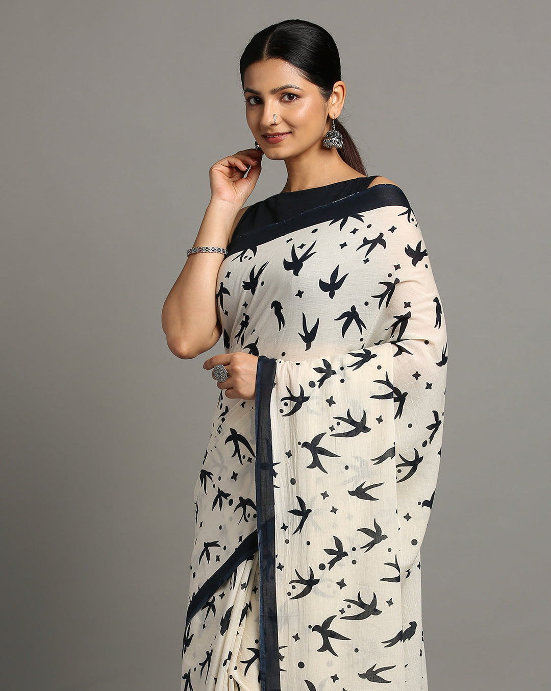 Cream Pure cotton Printed Saree with blouse piece