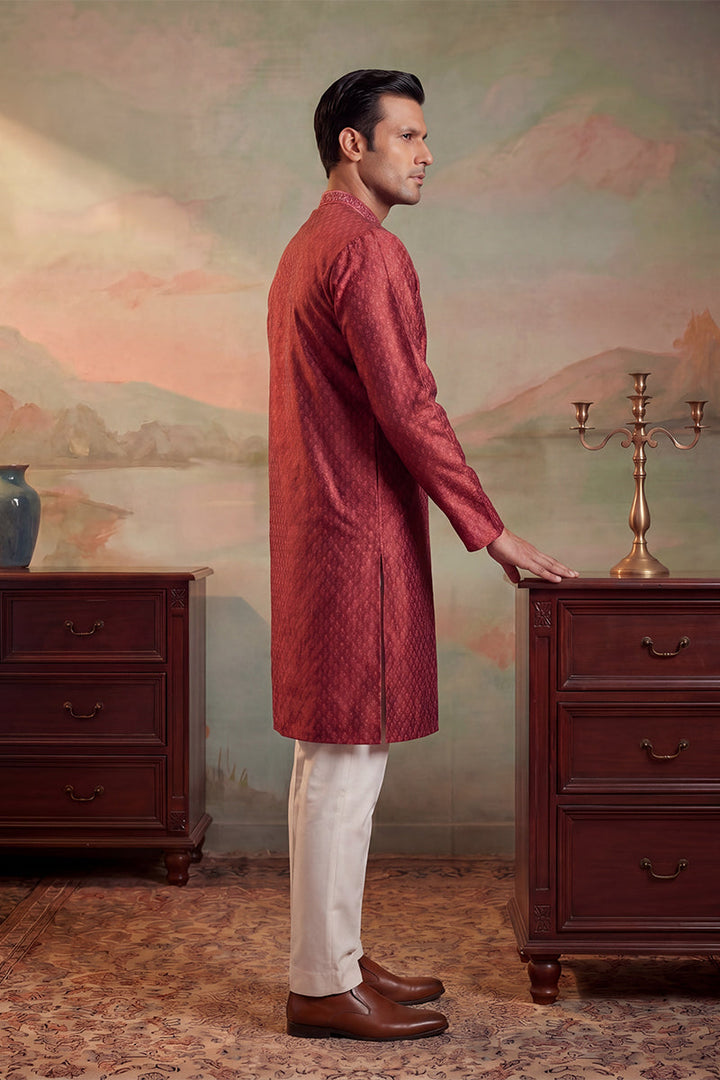 Mens Maroon Jacquard Woven Design Straight Kurta With Trouser | SHOBITAM