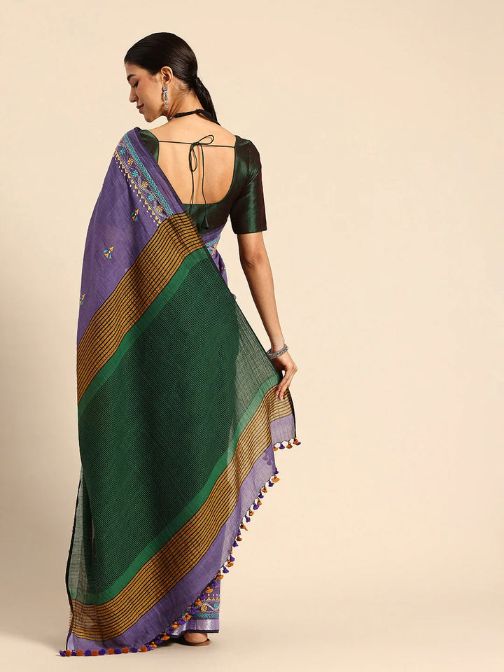Violet Handloom Cotton Saree with Kantha Embroidery