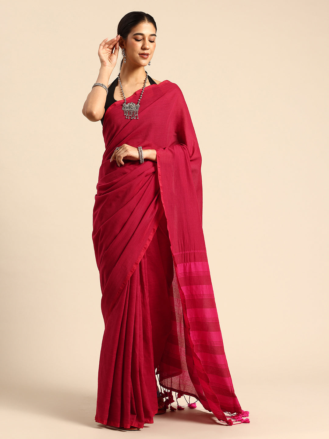 Maroon Magenta Solid Cotton Saree with Blouse piece | SHOBITAM