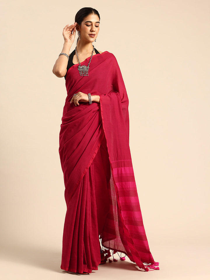 Maroon Magenta Solid Cotton Saree with Blouse piece | SHOBITAM