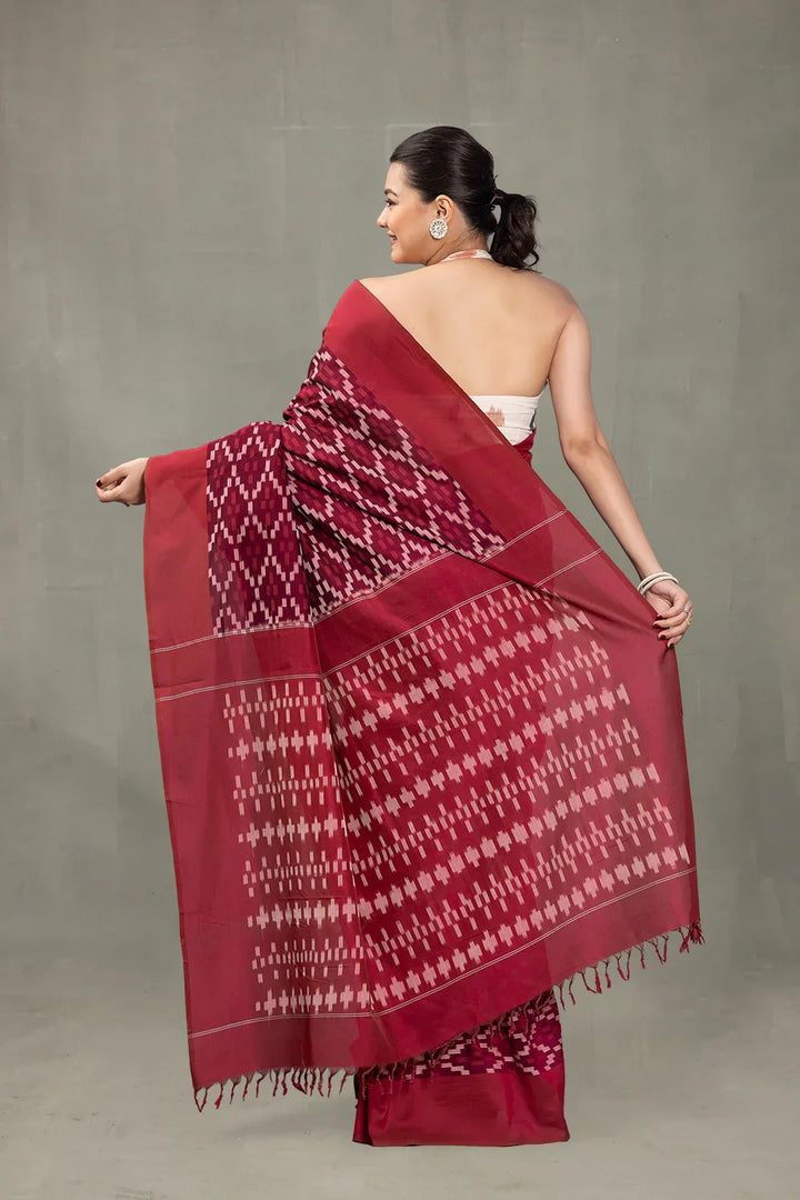 Handloom Ruby Red Ikkat Cotton Silk Saree | SHOBITAM