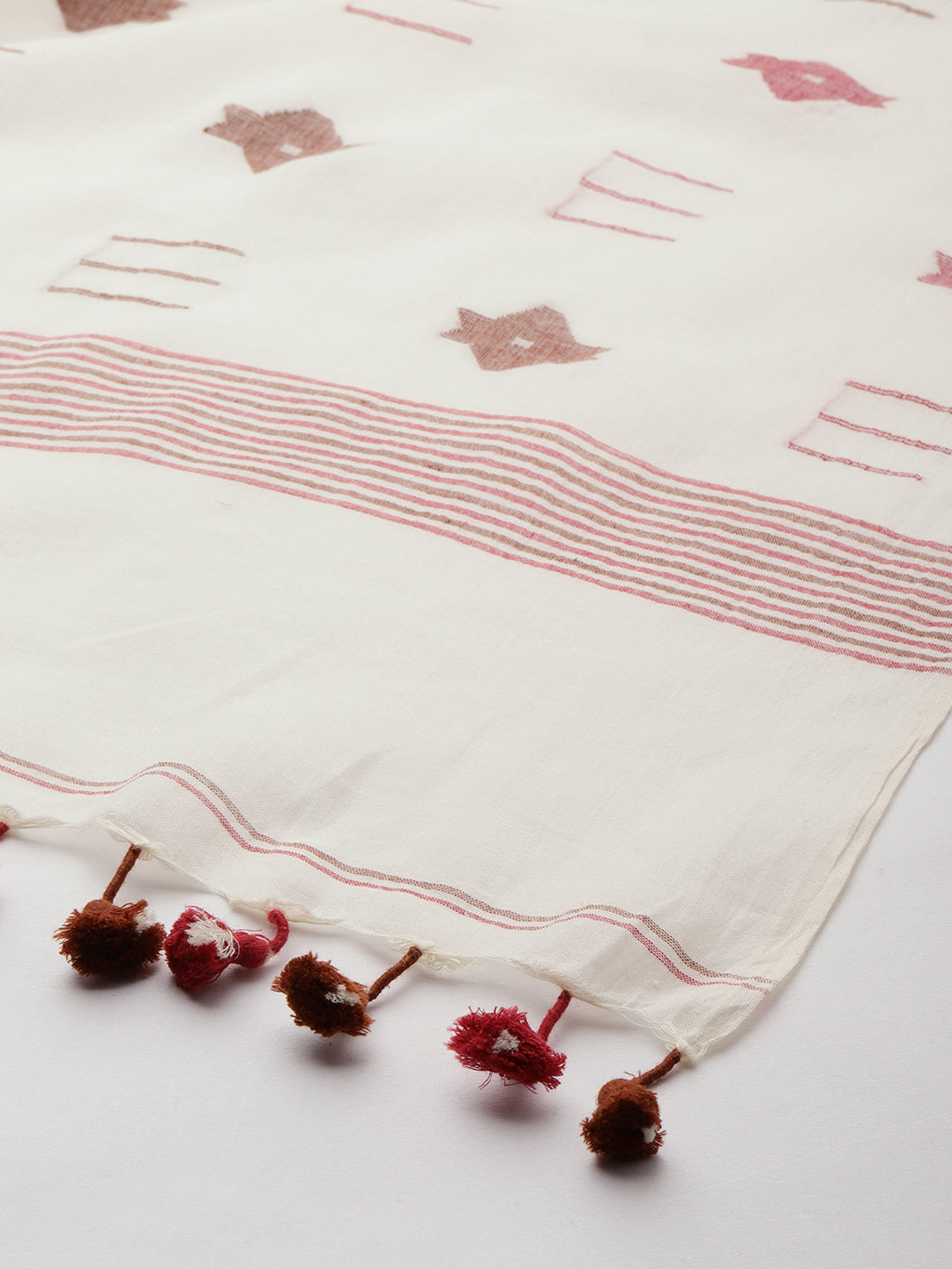 Handcrafted Jamdani Cotton Dupatta with tassels- NEW! | SHOBITAM