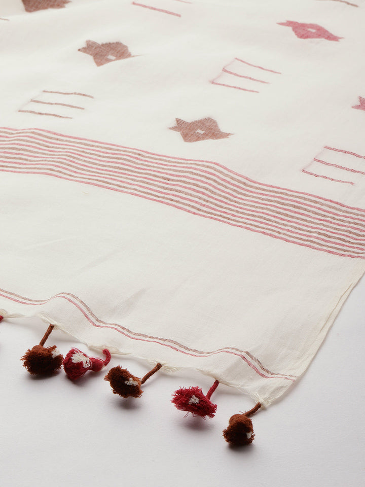 Handcrafted Jamdani Cotton Dupatta with tassels- NEW! | SHOBITAM