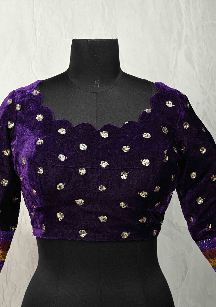 SIZE 40" Deep Purple Velvet 3/4 Sleeve Blouse with Sequins Buttas and Scallop Neckline