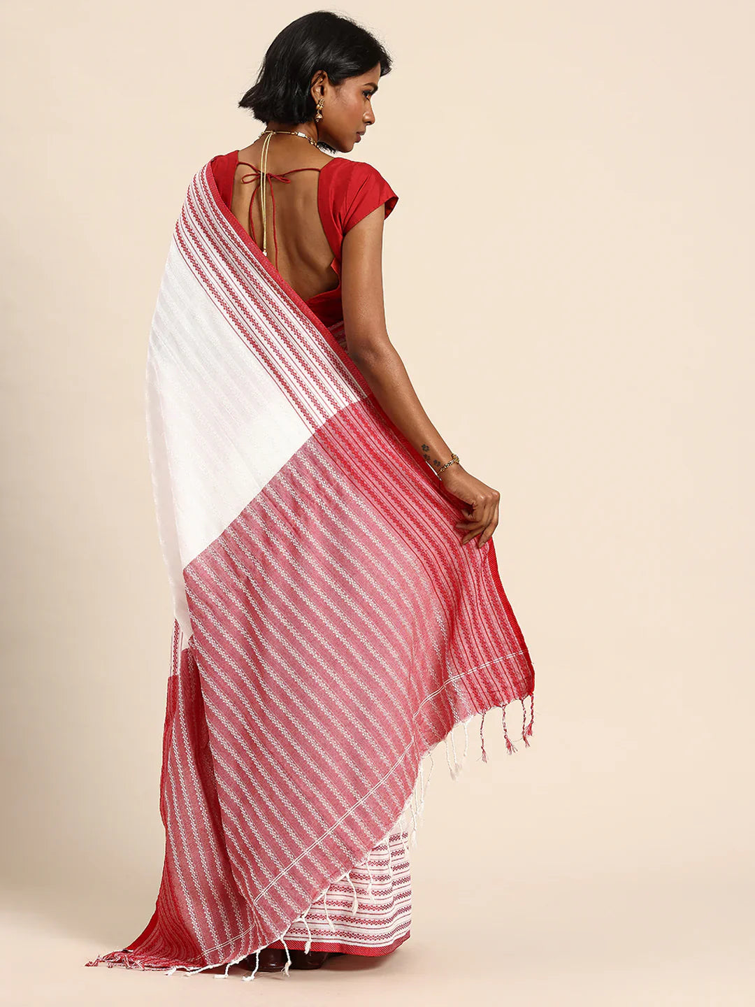 White-Red Cotton Saree with Blouse piece