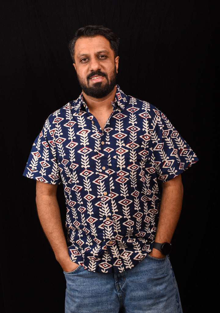 Blue White Red Handblock Printed Cotton Mens Shirt
