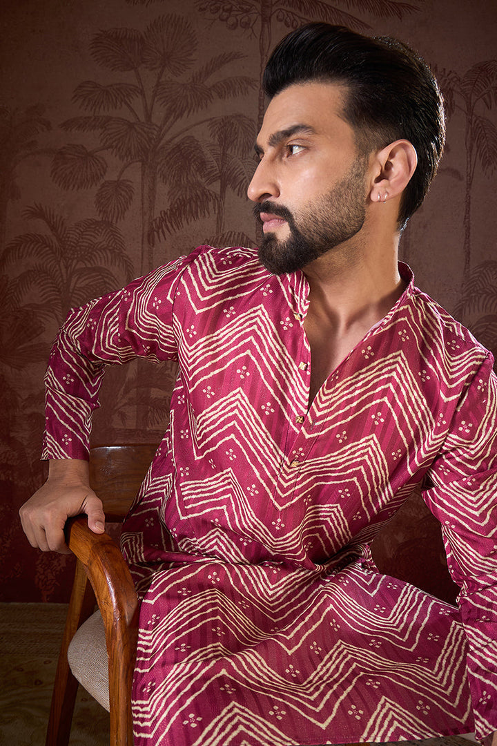 Magenta Silk Blend Chevron Printed Straight Kurta With Trouser | SHOBITAM