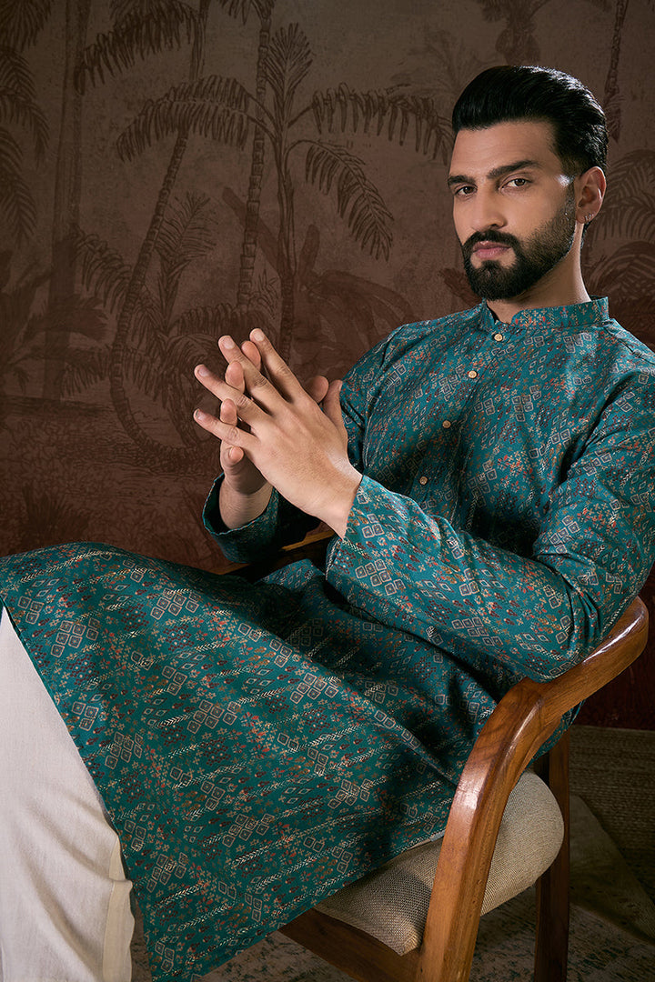 Blue Silk Blend Ethnic Motifs Printed Straight Kurta For Men | SHOBITAM