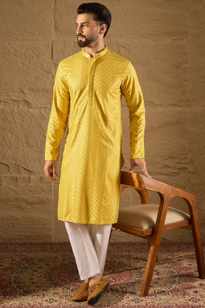 Yellow Viscose Rayon Solid Embroidered Straight Kurta | SHOBITAM