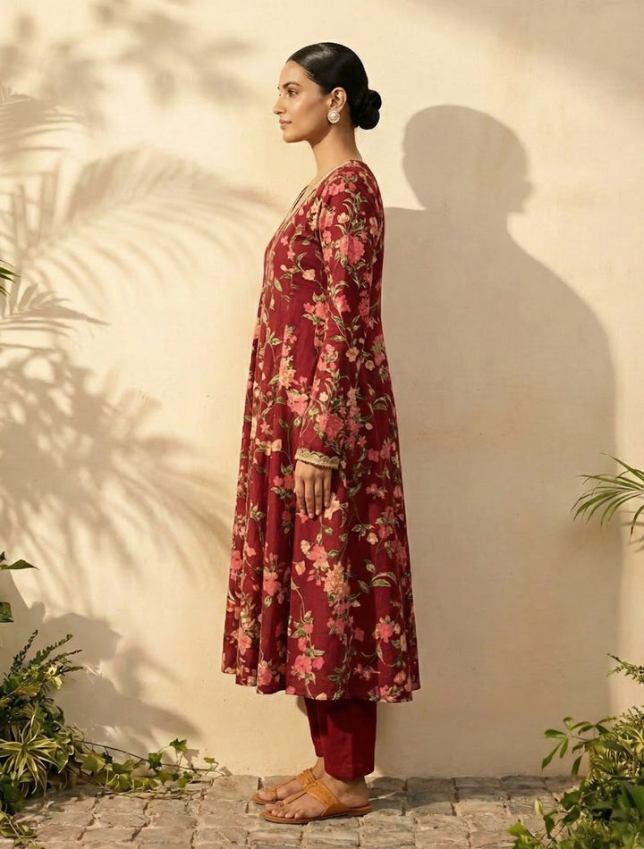 Maroon Floral Print V-Neck Anarkali Kurta Pant Dupatta Set | SHOBITAM