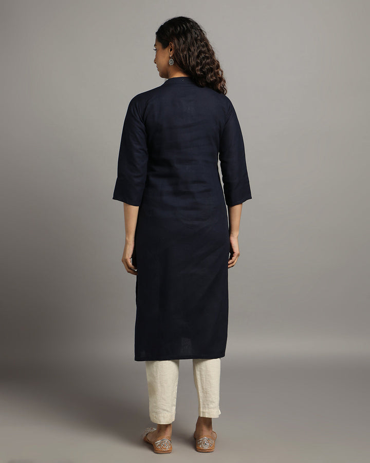 Navy Kantha Cotton Kurta | SHOBITAM