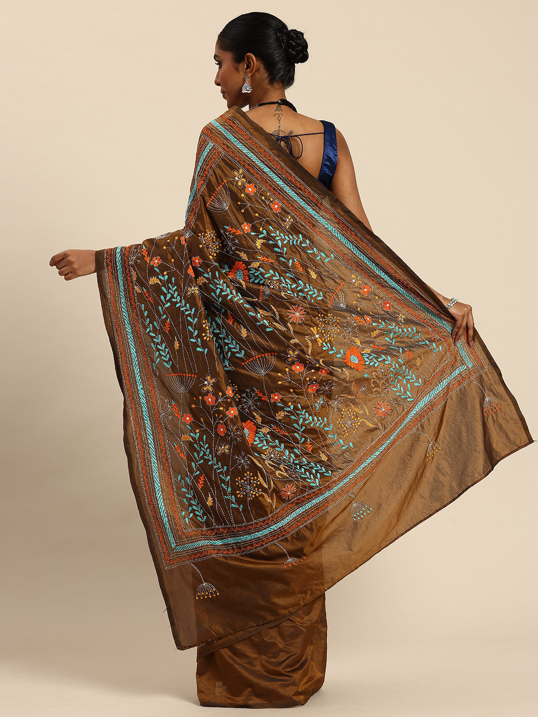 Dark Brown Mocha Art Silk Kantha Stitch Saree with Blouse Piece | SHOBITAM