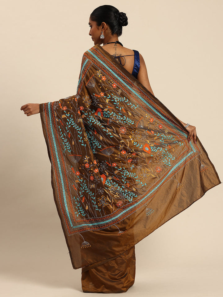 Dark Brown Mocha Art Silk Kantha Stitch Saree with Blouse Piece | SHOBITAM
