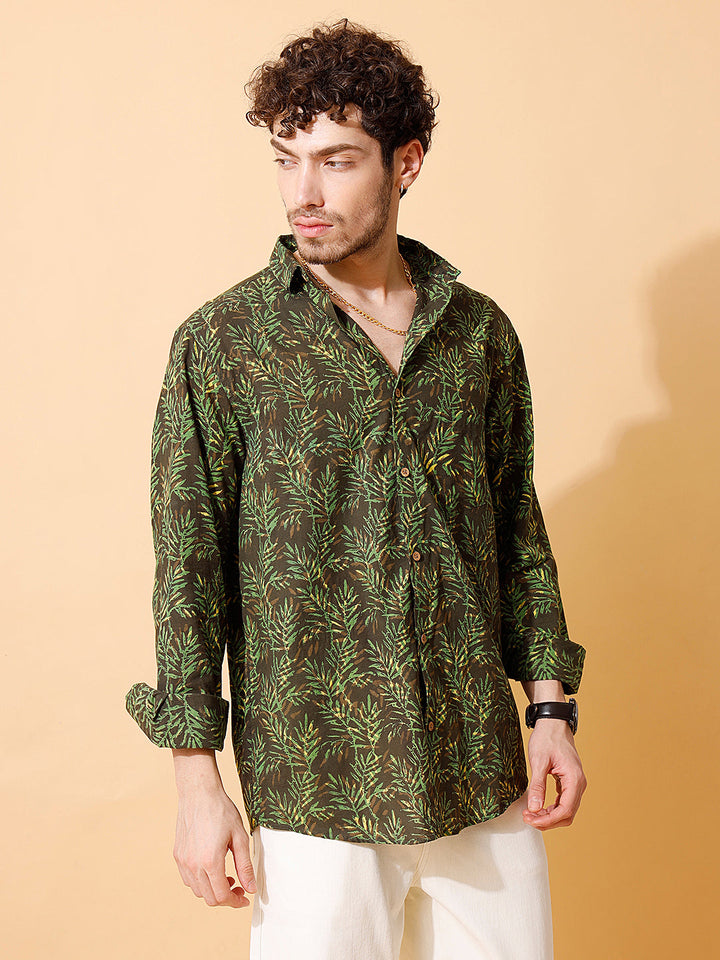 Forest Indigo Ajrakh Full Sleeve Cotton Shirt in Green for Men