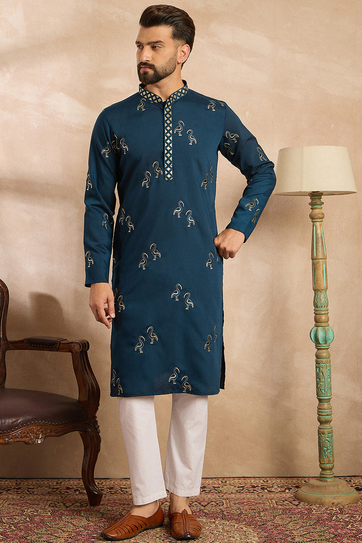 Navy Blue Silk Blend Solid Embroidered Straight Kurta | SHOBITAM
