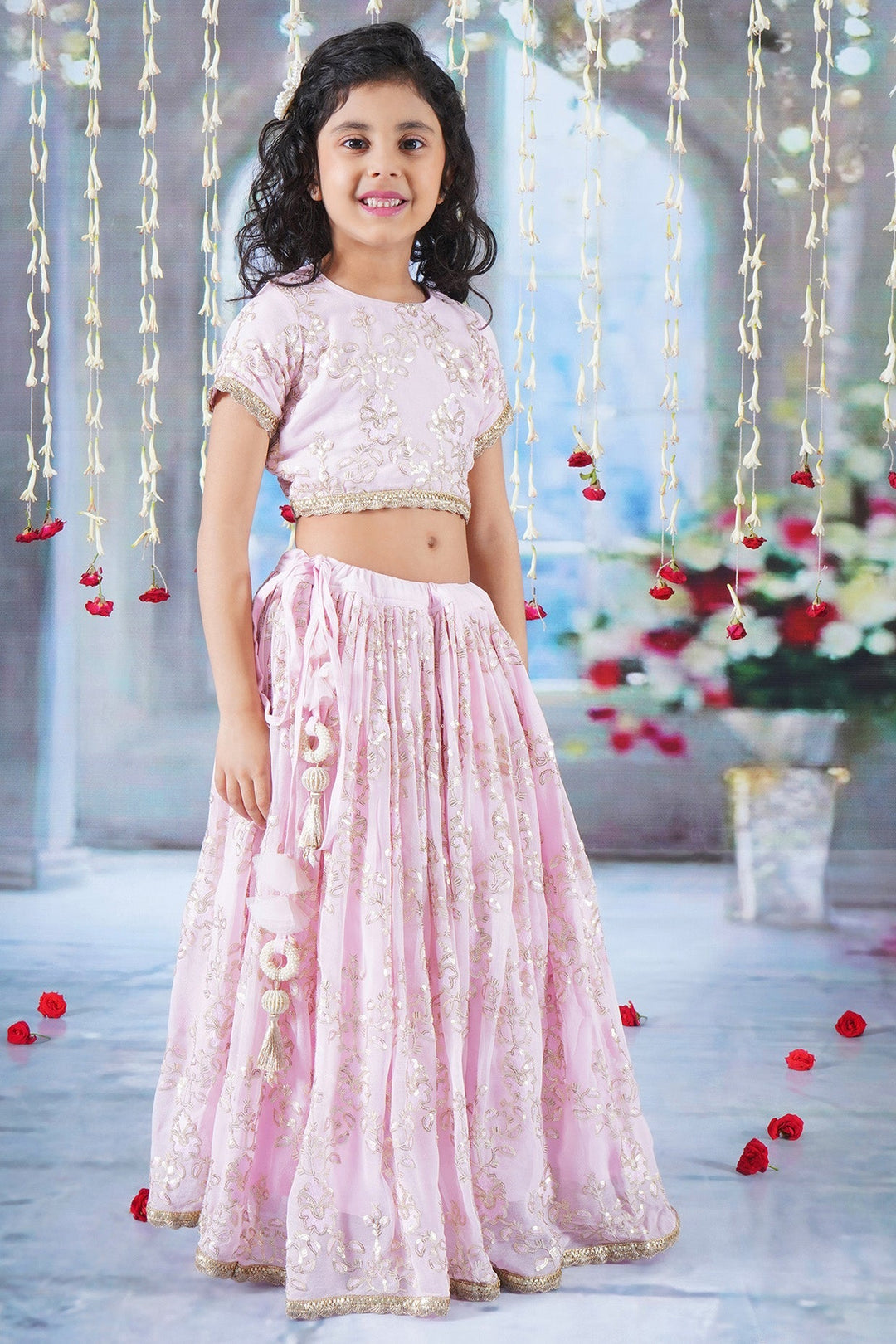 Girls Baby Pink Floral Irish Thread and Sequin work Lehenga with Blouse and Duppata with Matching Potli and Hand made tussel | SHOBITAM