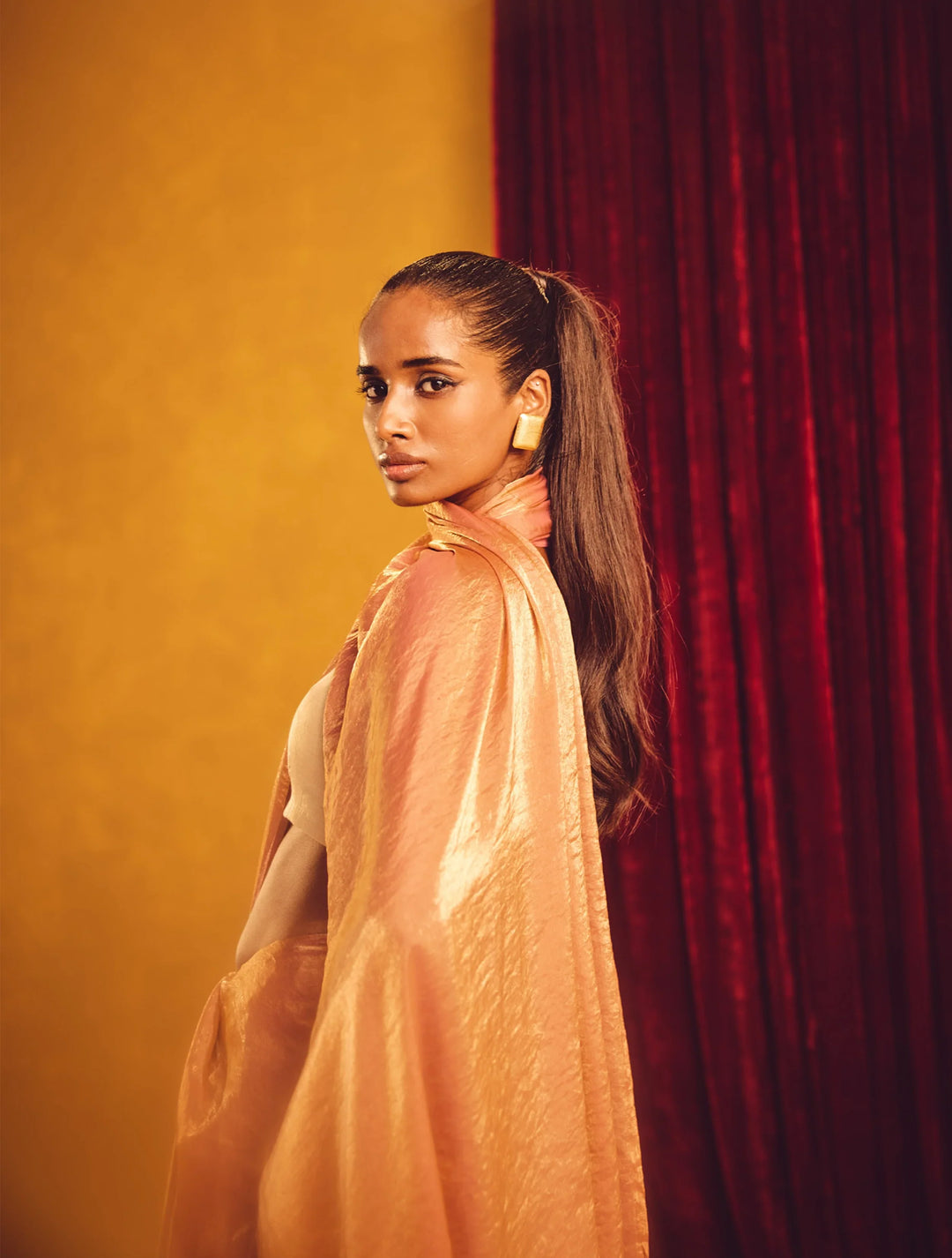 Peach Copper Tissue Saree With Unstitched Blouse | SHOBITAM