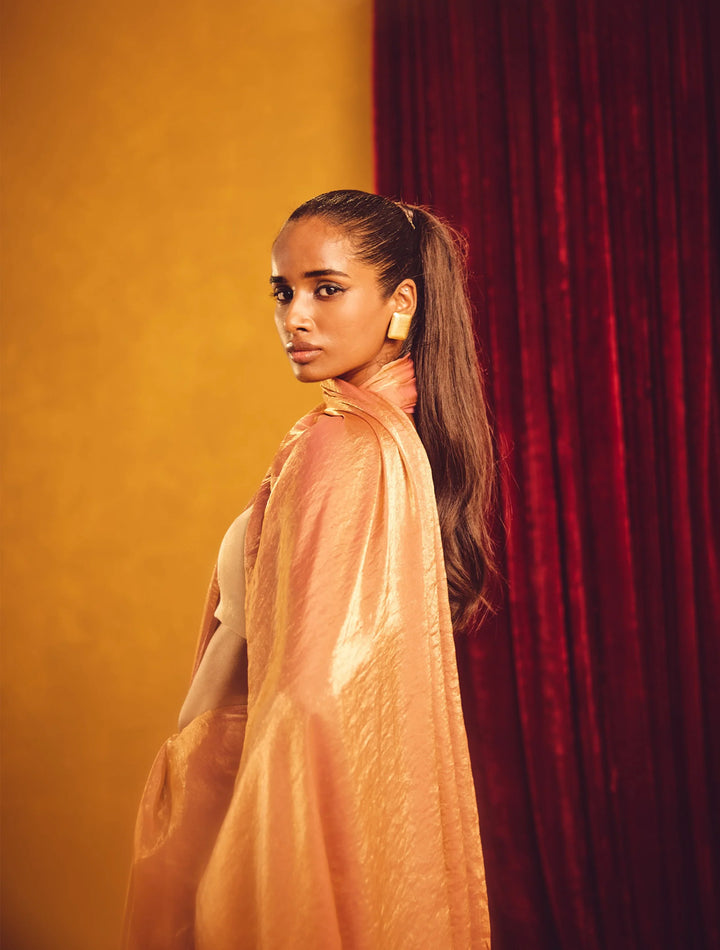 Peach Copper Tissue Saree With Unstitched Blouse | SHOBITAM