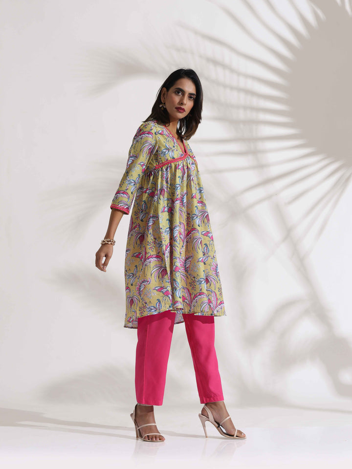 Yellow Print Anarkali Kurta Co-ord Set | SHOBITAM