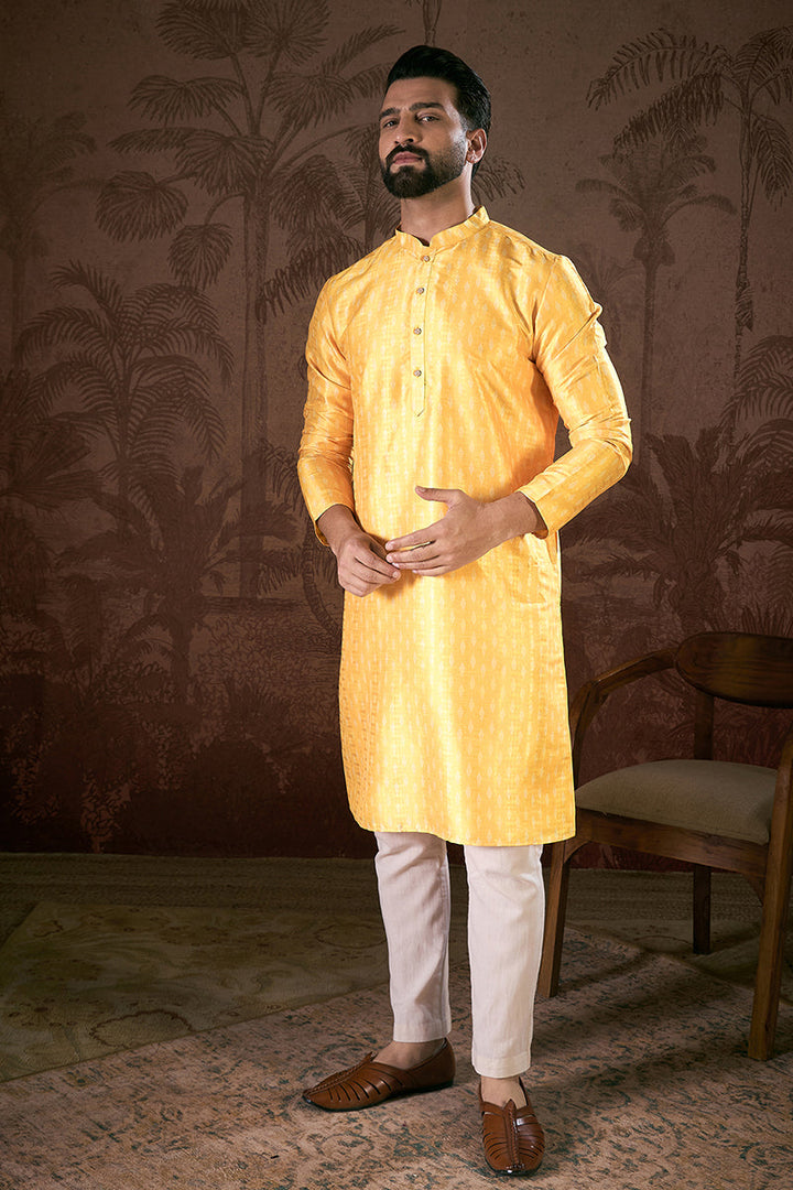 Yellow Silk Blend Ethnic Motifs Printed Straight Kurta For Men | SHOBITAM