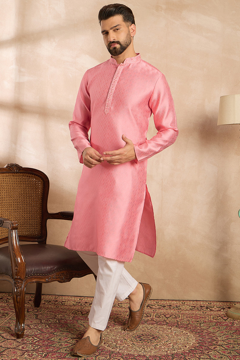 Pink Polyester Solid Embroidered Straight Kurta With Trouser | SHOBITAM