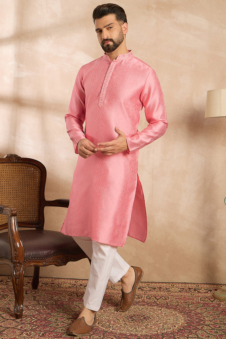 Pink Polyester Solid Embroidered Straight Kurta With Trouser | SHOBITAM