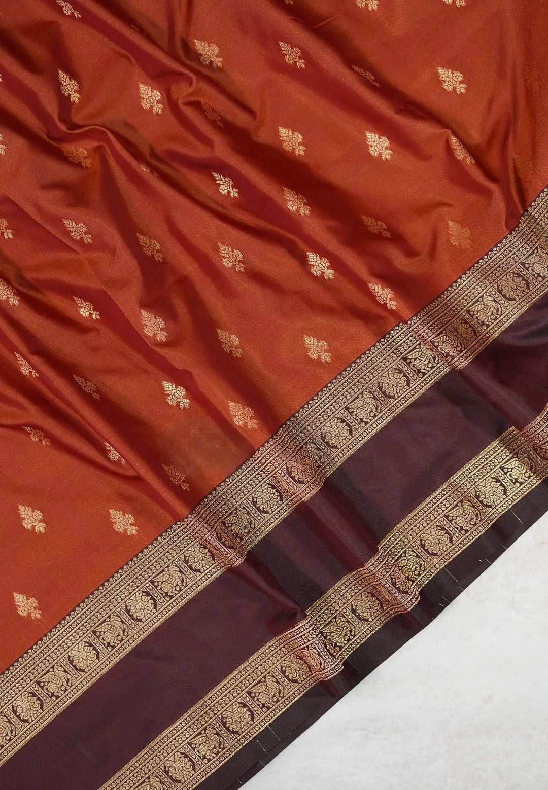 Rust Orange Art Silk Saree with Maroon Rettaipet Borders | SHOBITAM