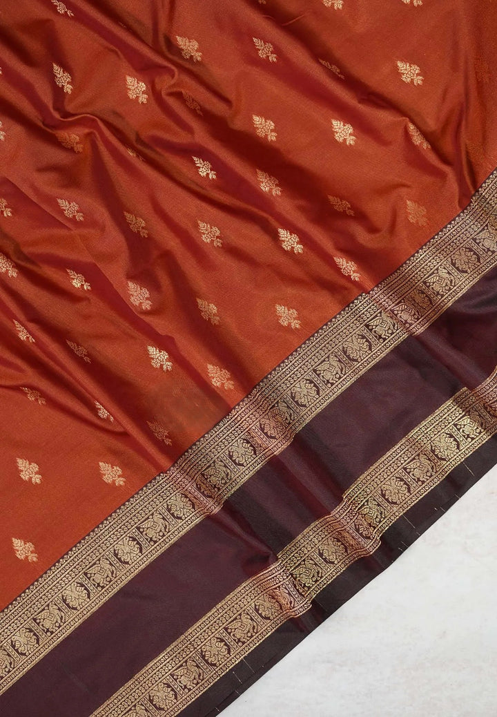 Rust Orange Art Silk Saree with Maroon Rettaipet Borders | SHOBITAM