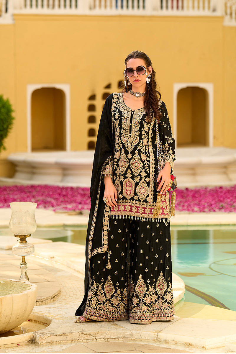 Black Chinon Chiffon Embroidered Straight Kurta Sharara with Dupatta| SHOBITAM