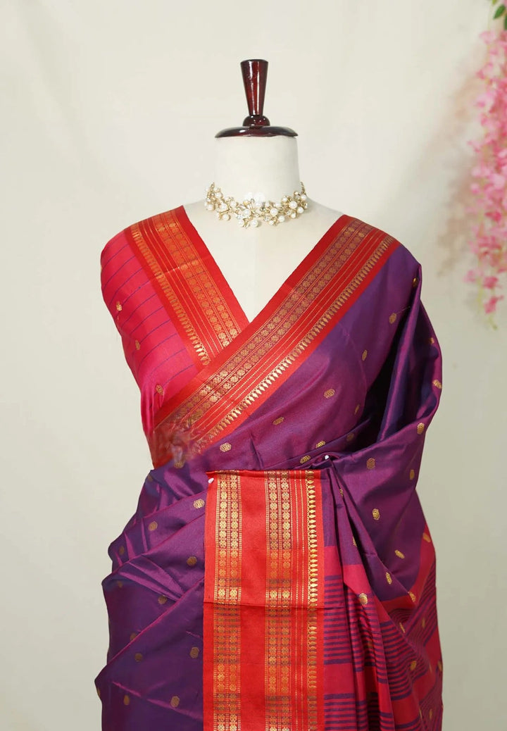 Jamuni Purple Semi Silk Gaadwal Saree with Rettapet Rudraksham Border  | SHOBITAM