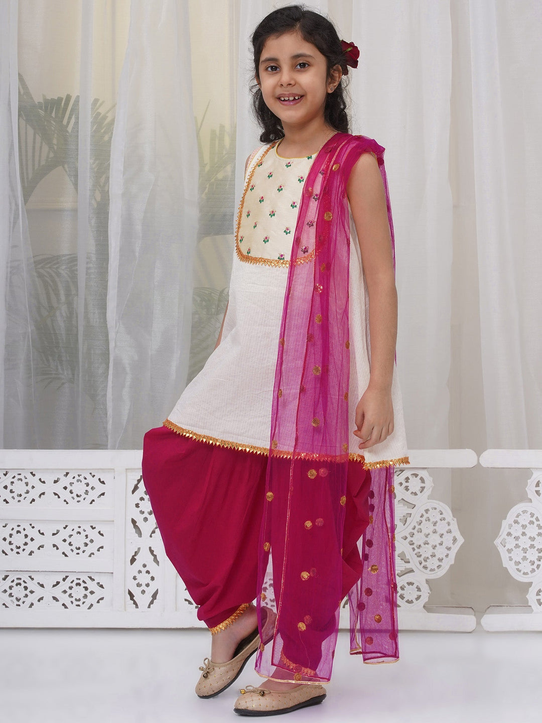 Girls Cotton Sleeveless Kurta with Dhoti Salwar and Dupatta with Floral Embroidery - Cream | SHOBITAM