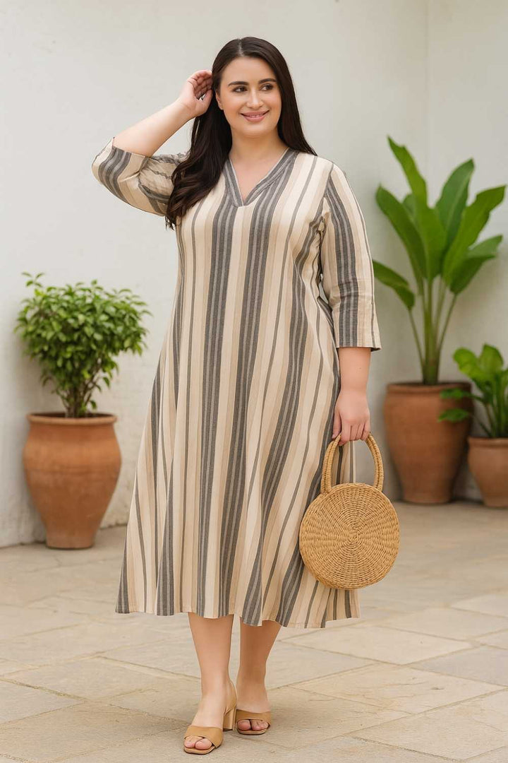 Plus Size Beige & Gray Striped Cotton Midi Dress  | Made to Order