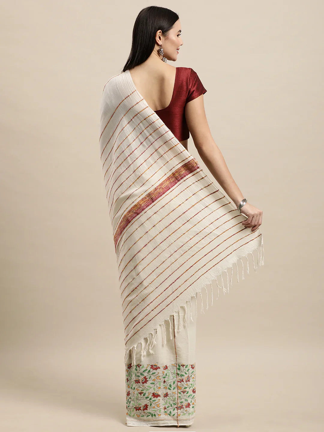 Cream Handloom Cotton Saree with Floral Kantha Embroidery Border