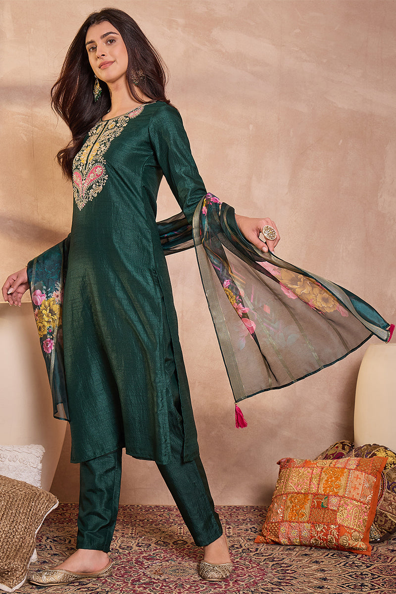 Green Silk Blend Solid Embroidered Straight Kurta Trouser With Dupatta | SHOBITAM