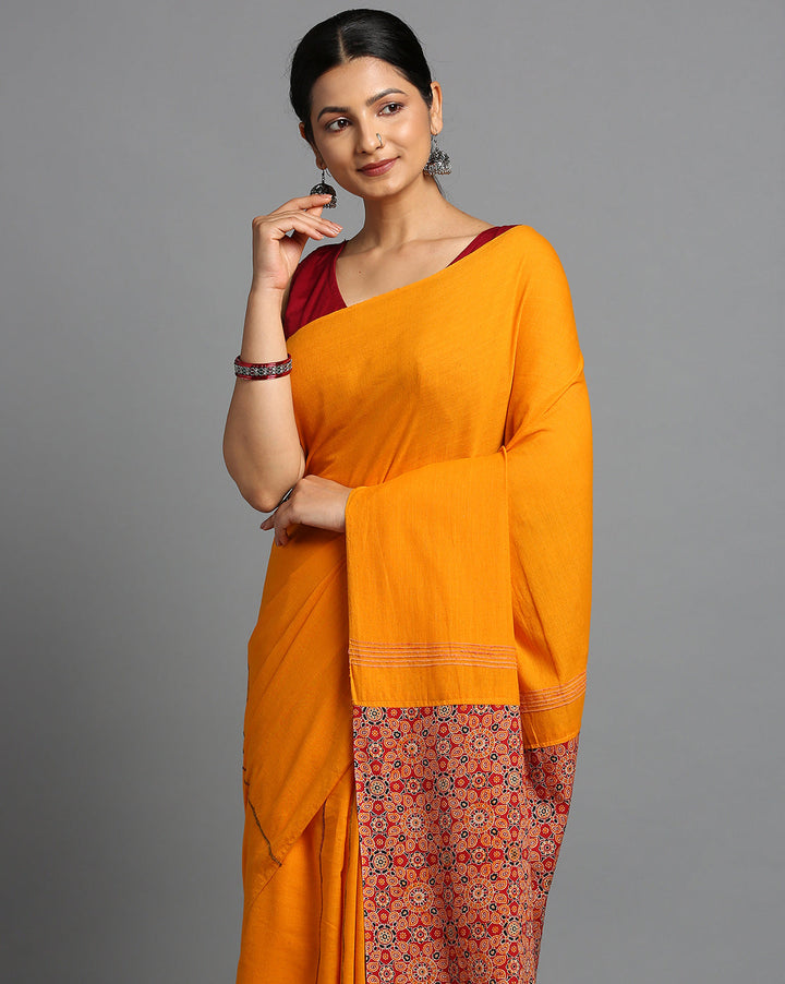 Yellow Red Ajrak Print Khesh Cotton Saree with Blouse piece | SHOBITAM