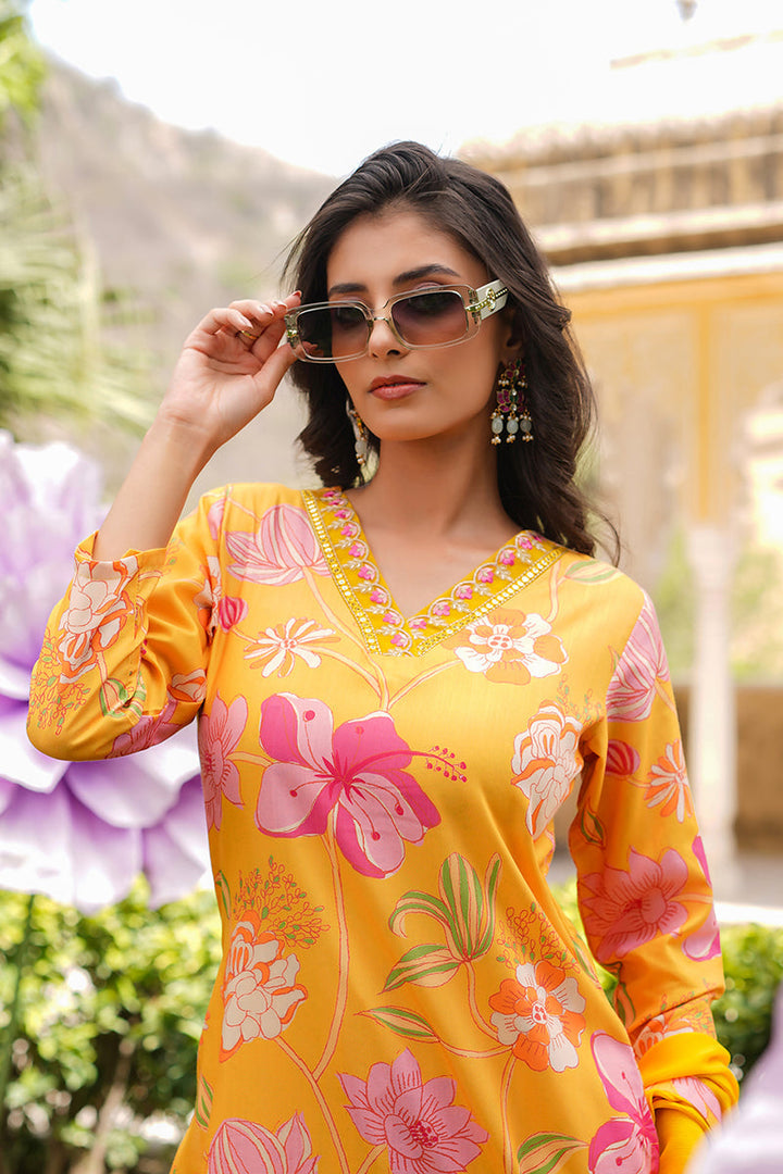 Yellow Silk Blend Floral Printed Straight Kurta Trousers With Dupatta | SHOBITAM