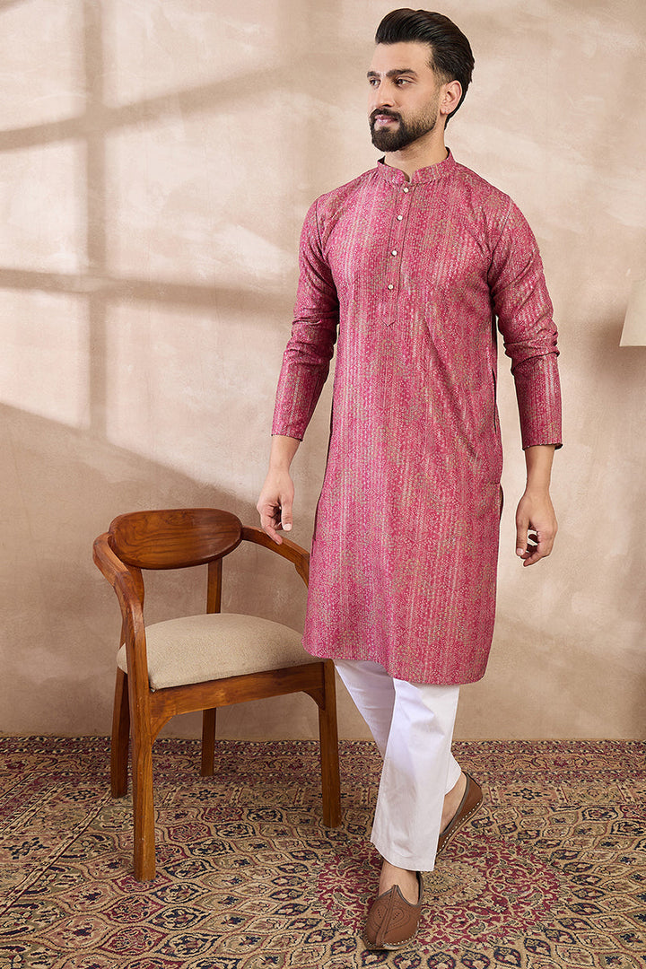 Pink Silk Blend Floral Printed Straight Kurta | SHOBITAM