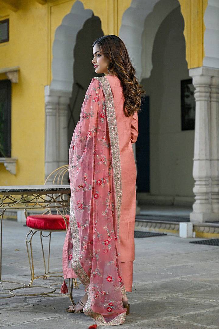 Peach Silk Blend Solid Woven Design Straight Kurta Trousers With Dupatta | SHOBITAM
