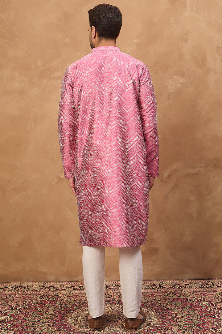 Pink Silk Blend Geometric Printed Straight Kurta | SHOBITAM