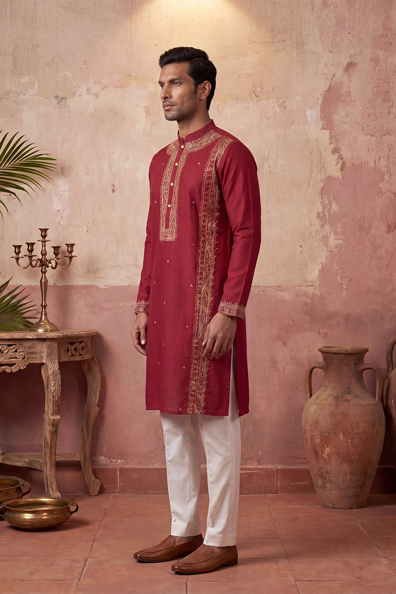 Mens Red Silk Blend Solid Emboidered Straight Kurta With Trouser | SHOBITAM